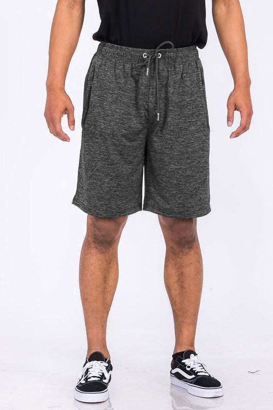 Weiv Marbled Active Running Shorts with elastic waist and zippered pockets.